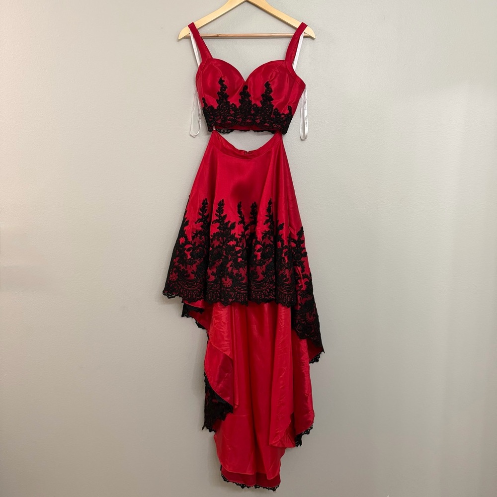 Sherri Hill Red Two-Piece High-Low Dress with Black Lace